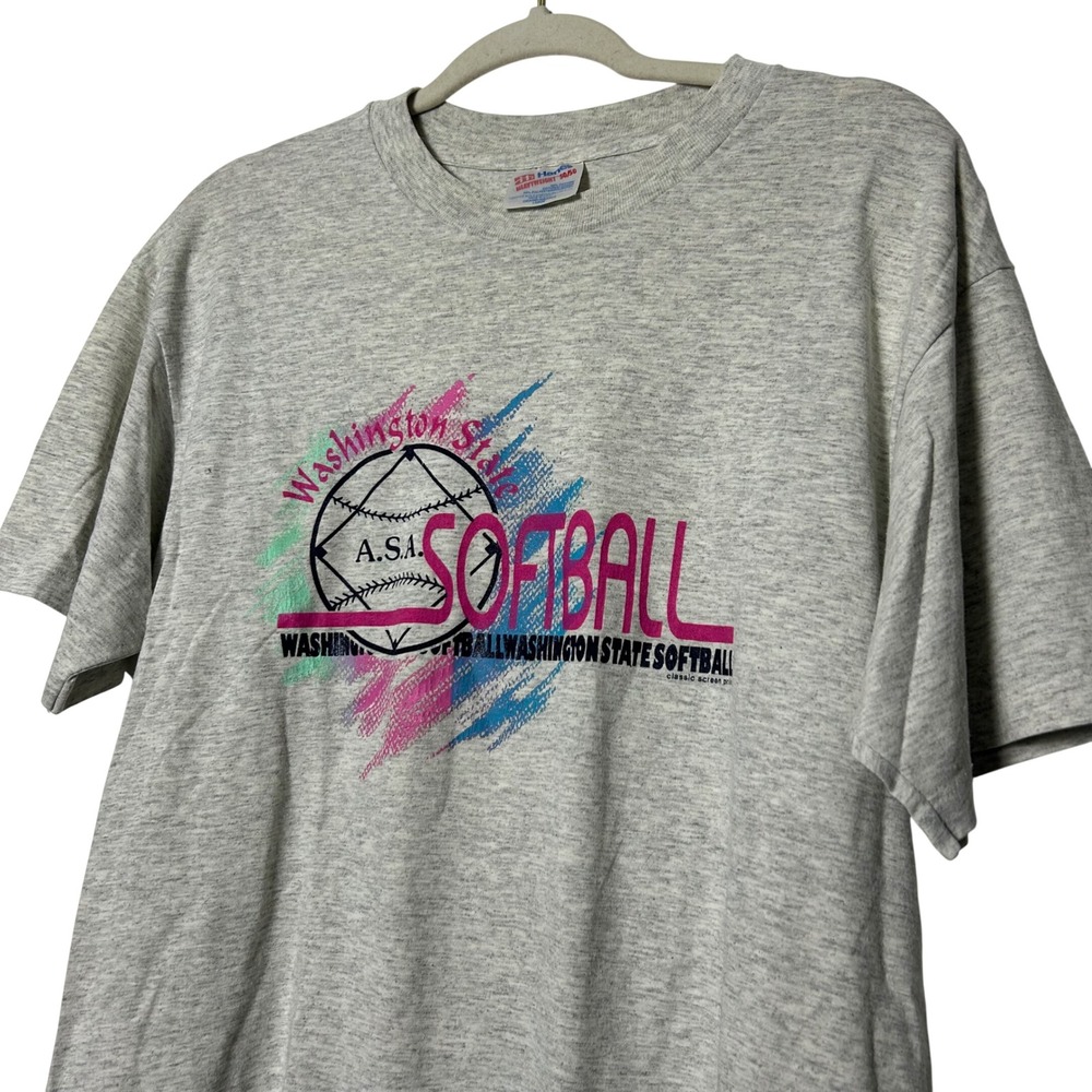 Vintage 90s Hanes Washington State Softball T Shirt Mens Large Grey Neon Print